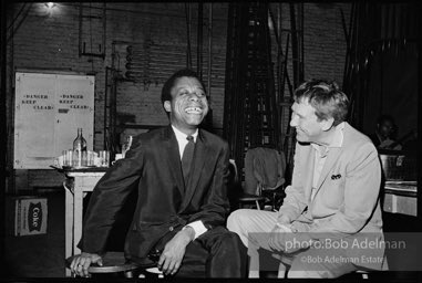 James Baldwin and actor Burgess Merideth at the ANTA theater in New York City during the production of Baldwin's play 'Blues for Mr. Charlie'. 1964.