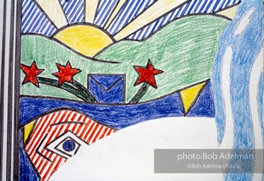 From Mural with Blue Brushstroke. New York City, 1985-86photo©Bob Adelman estate. Artwork©Estate of Roy Lichtenstein.