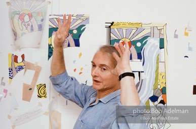 From Mural with Blue Brushstroke. New York City, 1985-86photo©Bob Adelman estate. Artwork©Estate of Roy Lichtenstein.