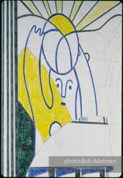 From Mural with Blue Brushstroke. New York City, 1985-86photo©Bob Adelman estate. Artwork©Estate of Roy Lichtenstein.
