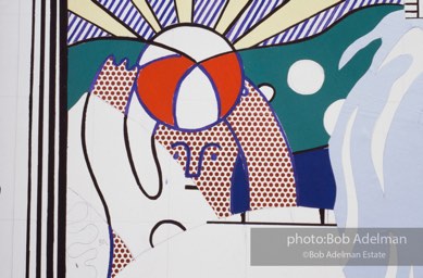 From Mural with Blue Brushstroke. New York City, 1985-86photo©Bob Adelman estate. Artwork©Estate of Roy Lichtenstein.