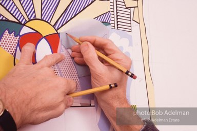 From Mural with Blue Brushstroke. New York City, 1985-86photo©Bob Adelman estate. Artwork©Estate of Roy Lichtenstein.