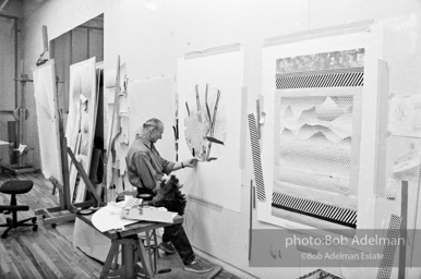 Roy Lichtenstein at work on his study for Flowers with Bamboo, 1996.-photo©Bob Adelman, artwork ©Estate of Roy Lichtenstein