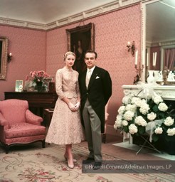 On April 18th, 1956, Grace and Rainier were married in a civil ceremony before a small group of eighty guests. Grace wore a rose pink taffetta dress covered in Alencon lace designed by MOM's Helen Rose.