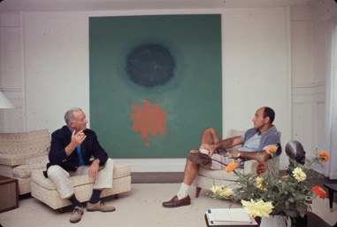 Adolph Gottlieb with collector Ben Heller at Gottlieb's home in East Hampton, NY, 1964.  They are sitting in front of Petaloid #2 (1963)