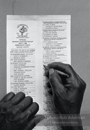 Making his mark, one of the first African Americans to cast a vote under the new law exercises his franchise,  Camden, Alabama.  1966