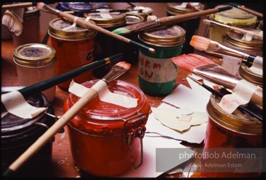 Paint and brushes. Roy Lichtenstein studio. 1989. photo:©Bob Adelman Estate, Artwork©Estate of Roy Lichtenstein