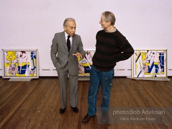 Reflections series. Leo Castelli and Roy Lichtenstein at Castelli Gallery, New York City. 1989. photo:©Bob Adelman Estate, Artwork©Estate of Roy Lichtenstein