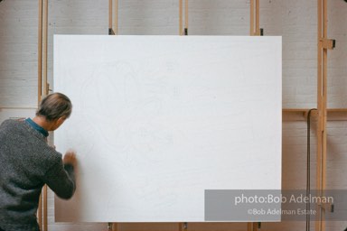 Roy Lichtenstein begins with pencil on canvas for his painting 'Reflections:Portrait of a Duck'. 1989 photo:©Bob Adelman Estate, Artwork©Estate of Roy Lichtenstein