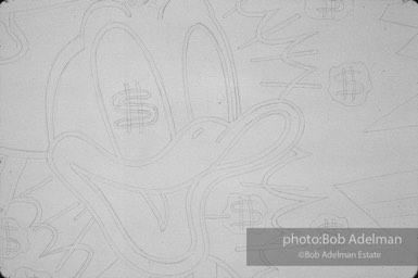 Detail, initial pencil drawing on canvas for the painting 'Reflections:Portrait of a Duck'. by Roy Lichtenstein. 1989. photo:©Bob Adelman Estate, Artwork©Estate of Roy Lichtenstein