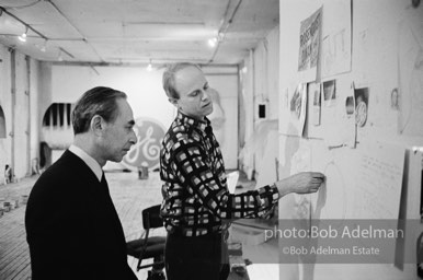 Leo Castelli with  James Rosenquist at James' Broome Street studio. New York City, 1966.